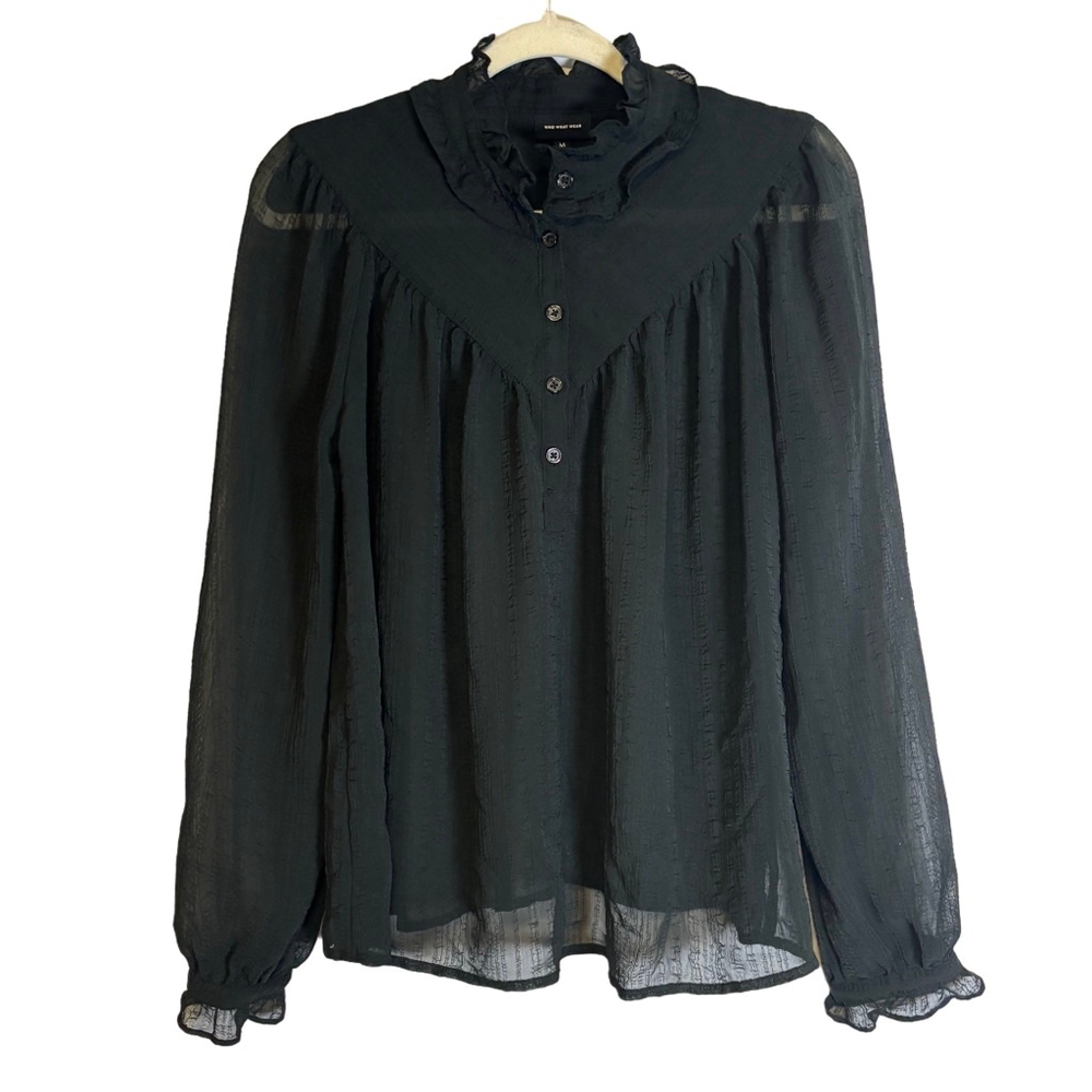 Who What Wear Black Sheer Ruffle Neck Blouse W M Long Sleeve Textured Chiffon